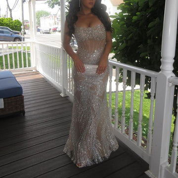 Niulatu Strapless Sheath Champagne Long Prom Dresses Rhinestone Tulle Birthday Dresses Champagne Evening Dresses HZ1026
